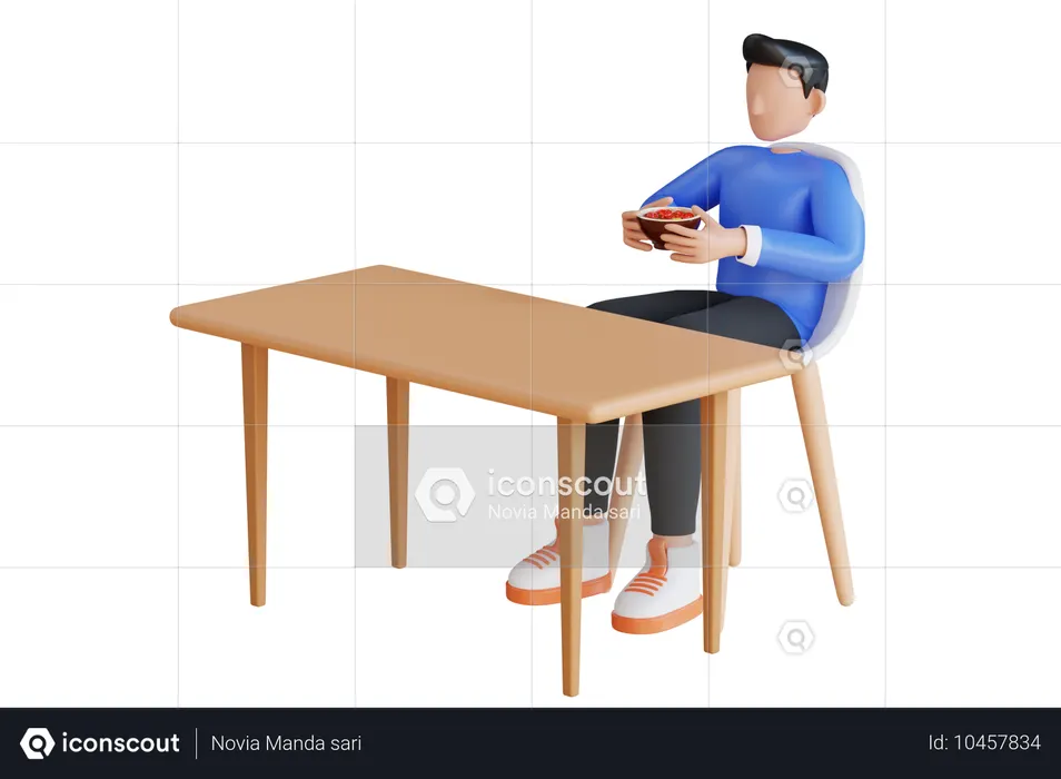 Young Man Eating Tom Yum Goong  3D Illustration