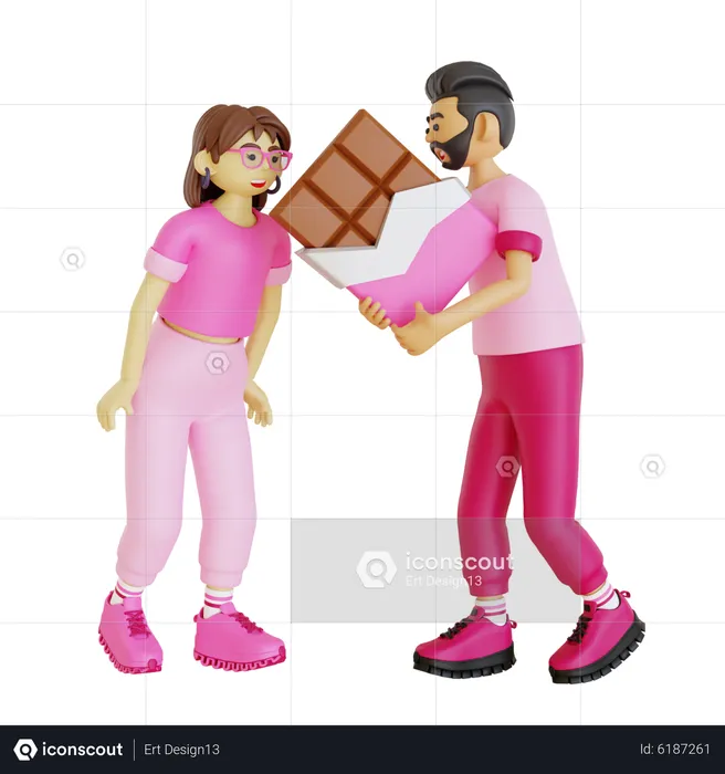 Young man giving chocolate bar to woman  3D Illustration