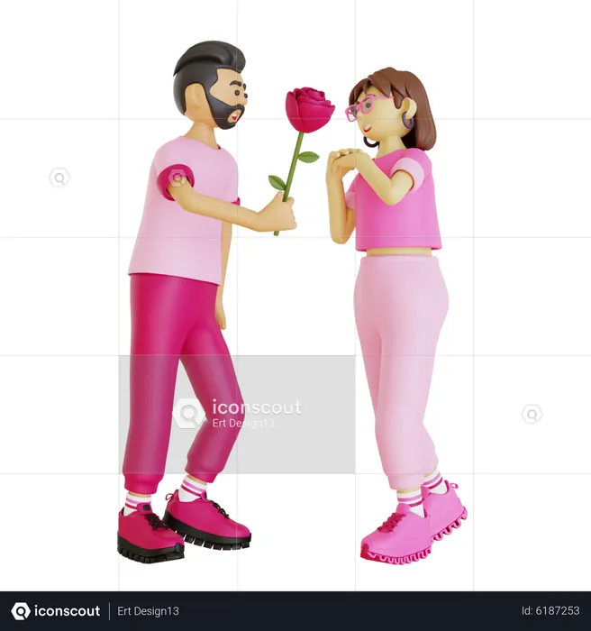 Young man giving rose to woman  3D Illustration