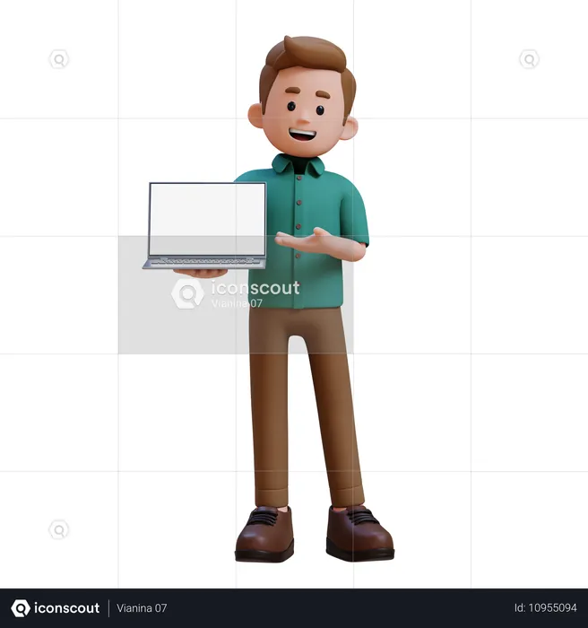 Young Man Holding And Presenting To Laptop With Empty Screen  3D Illustration