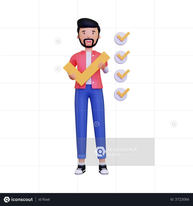 Young Man Holding Big right Check Mark  3D Illustration