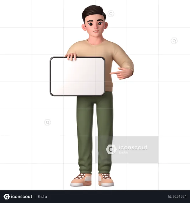 Young Man Holding Big White Digital Tablet With Right Hand And Left Hand Pointing To Promote  3D Illustration