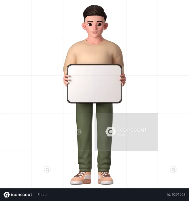 Young Man Holding Big White Tablet With Both Hands To Promote  3D Illustration