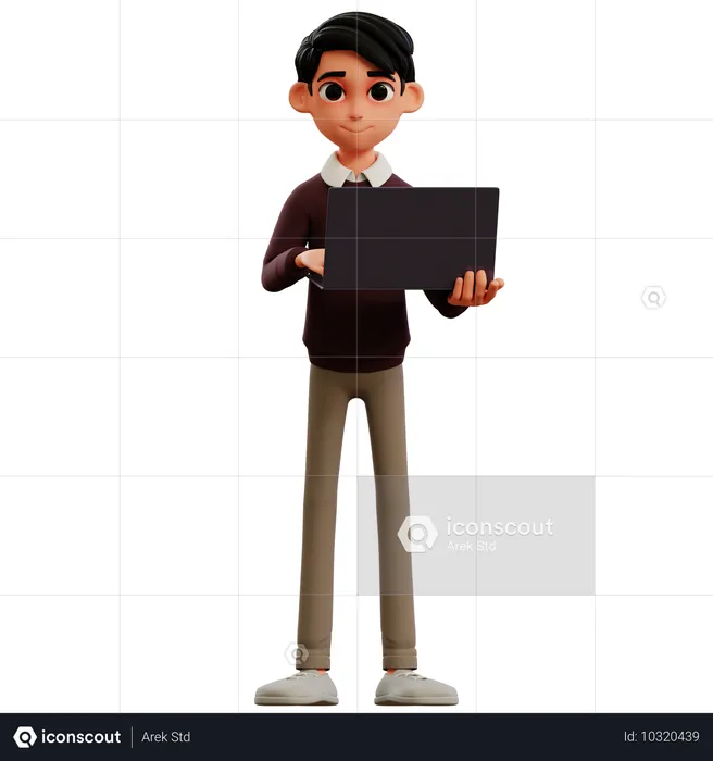 Young man holding laptop  3D Icon