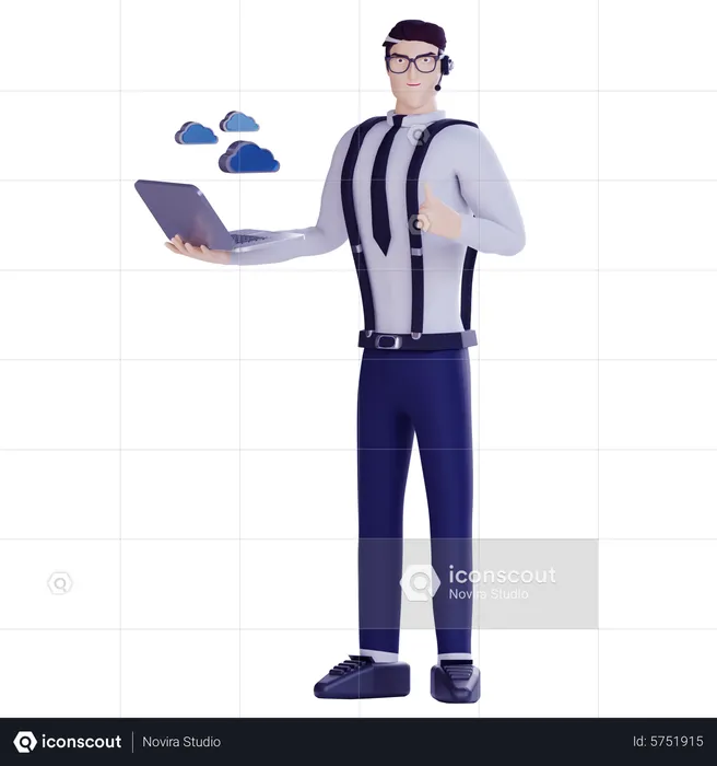 Young man holding laptop and work for cloud  3D Illustration