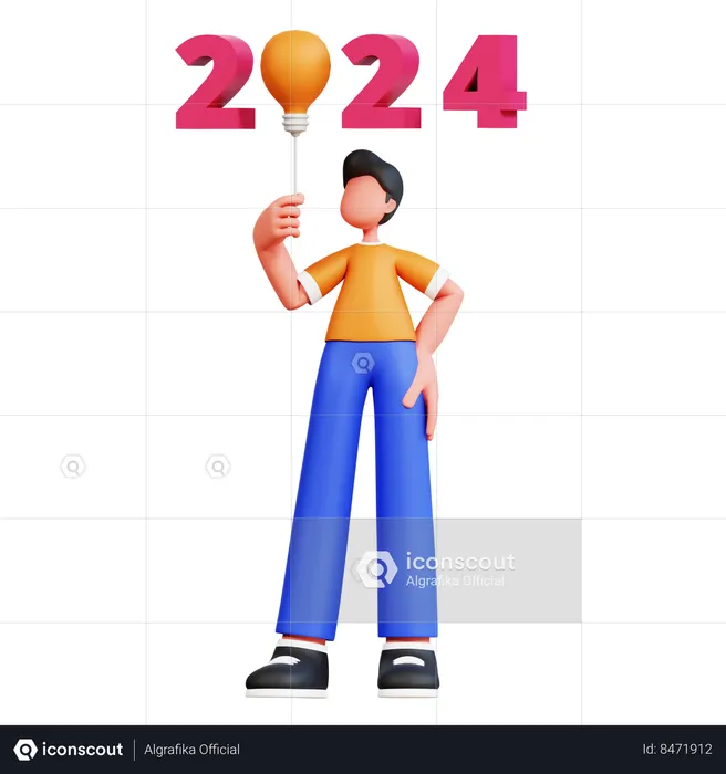 Young Man Holding New Year 2024 Balloon  3D Illustration