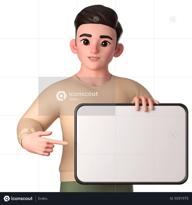 Young Man Holding White Tablet With Left Hand And Right Hand Pointing  3D Illustration