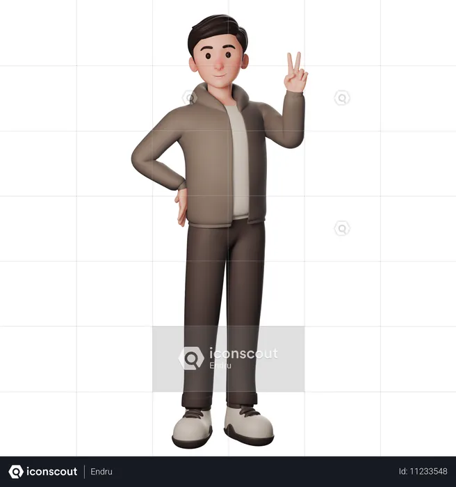 Young Man In Brown Dressed Doing Peace Hand Pose With Right Hand  3D Illustration