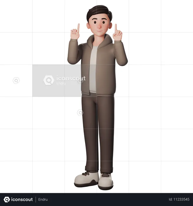 Young Man In Brown Dressed Pointing Upwards With Both Hands  3D Illustration