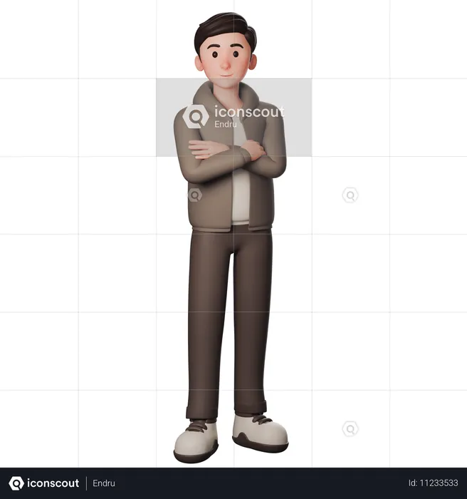 Young Man In Brown Dressed Shows Confident Gesture With Crossed Arms  3D Illustration