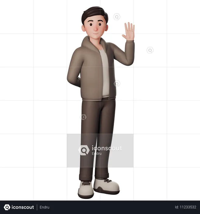 Young Man In Brown Dressed Shows Greeting Gesture With Waving Right Hand  3D Illustration