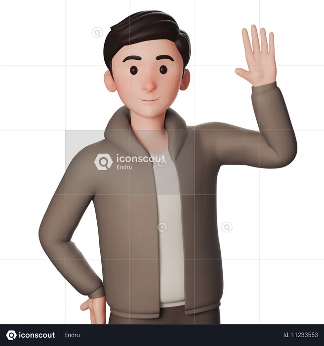 Young Man In Brown Dressed Shows Greeting Gesture With Waving Right Hand  3D Illustration