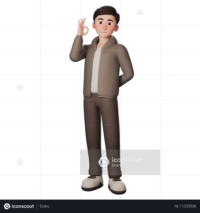 Young Man In Brown Dressed Shows Okay Gesture With Left Hand  3D Illustration