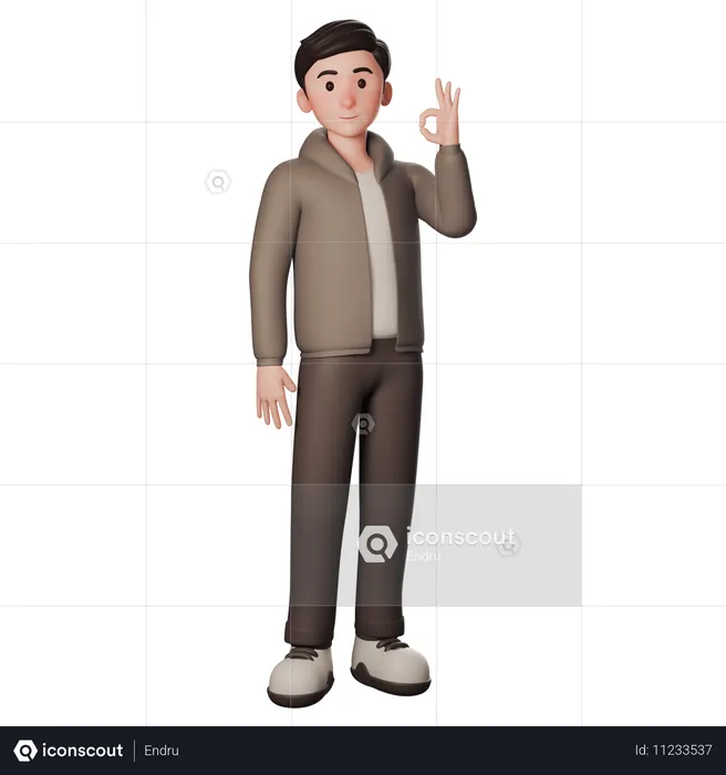 Young Man In Brown Dressed Shows Okay Gesture With Right Hand  3D Illustration