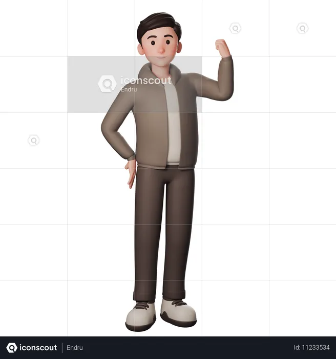 Young Man In Brown Dressed Shows Strength And Winner Gesture With Right Hand  3D Illustration