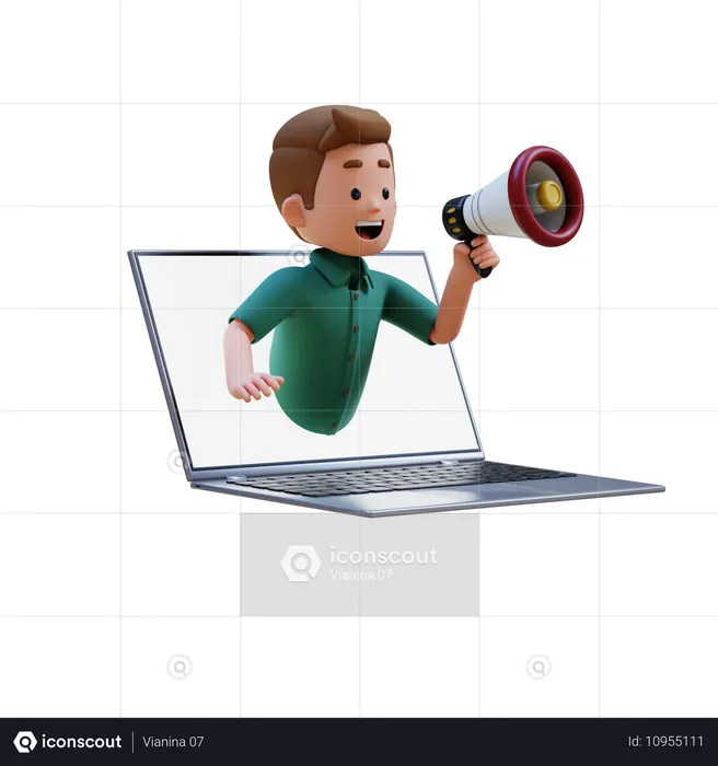 Young Man Jumping Out From Laptop Screen And Holding Megaphone  3D Illustration