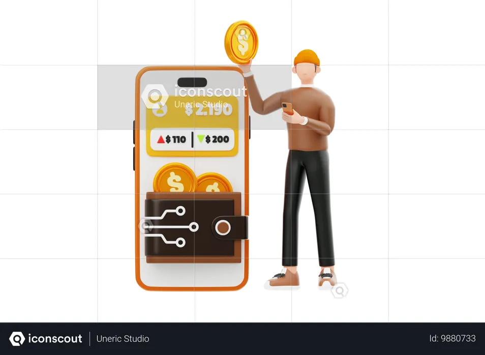 Young Man Looking Digital Wallet  3D Illustration