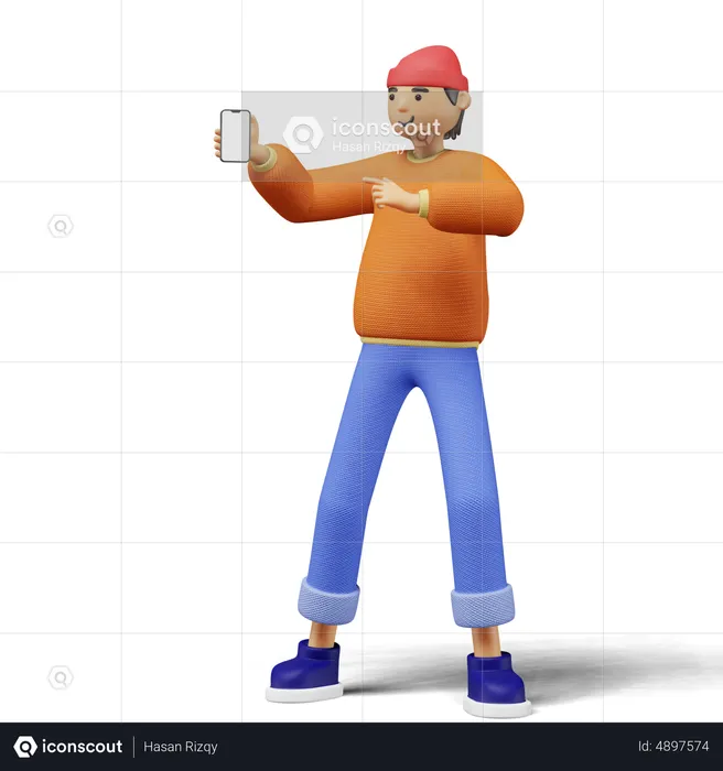 Young man pointing on phone screen  3D Illustration