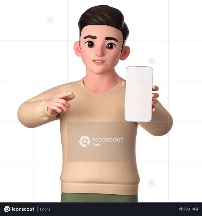 Young Man Pointing To His Smartphone To Show Or Promote  3D Illustration