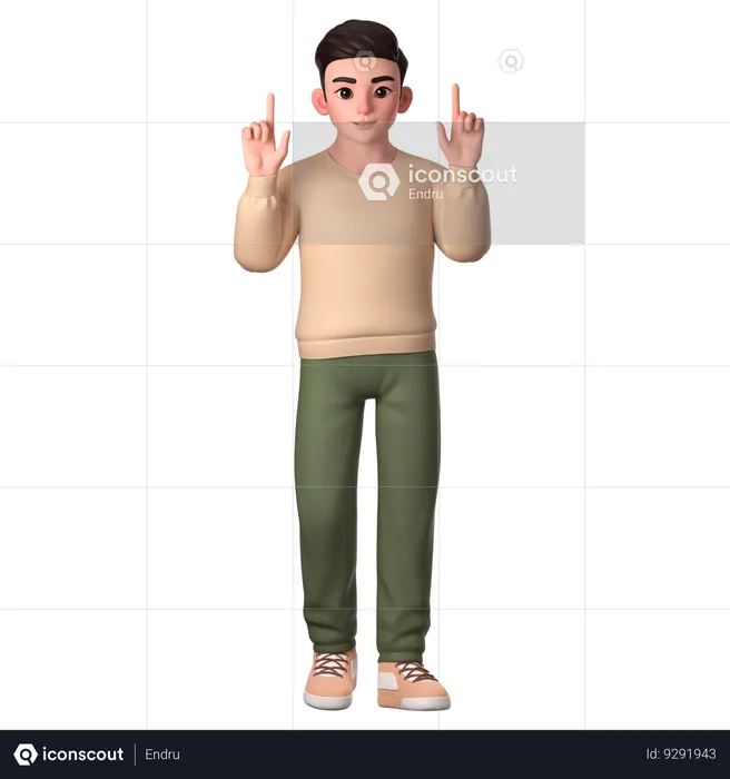 Young Man Pointing To Top Side With Both Hands  3D Illustration