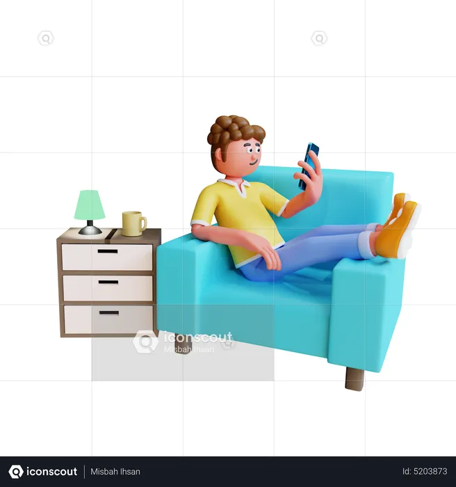 Young Man Relax On Sofa And Using Smartphone  3D Illustration