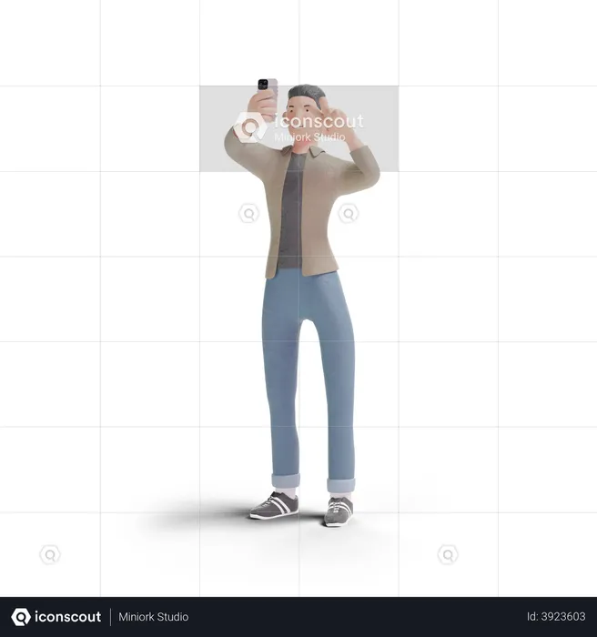 Young man selfie with peace hand sign Logo 3D Logo