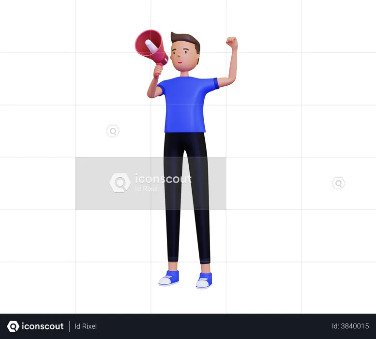 Young man shouting in megaphone  3D Illustration