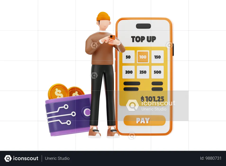 Young Man Showing E Wallet Top Up  3D Illustration