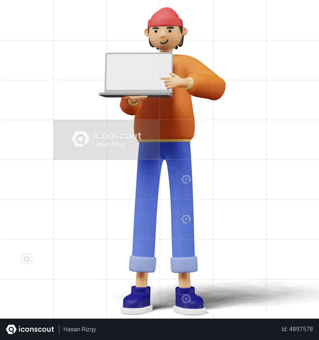Young man Showing Laptop Screen  3D Illustration