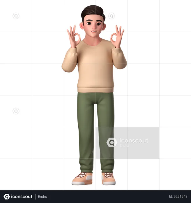 Young Man Showing Ok Gesture With Both Hands  3D Illustration