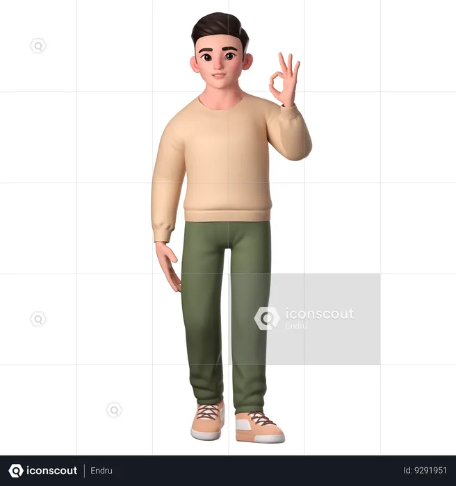 Young Man Showing Ok Gesture With Left Hand  3D Illustration