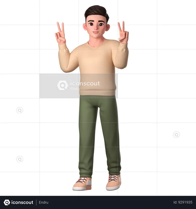 Young Man Showing Peace Hand Gesture With Both Hands  3D Illustration