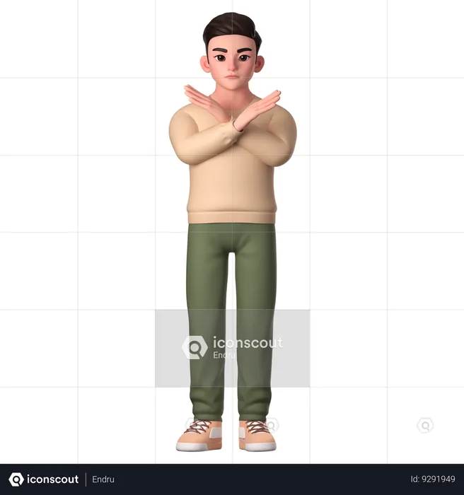 Young Man Showing Refusal Gesture With Crossed Hands  3D Illustration