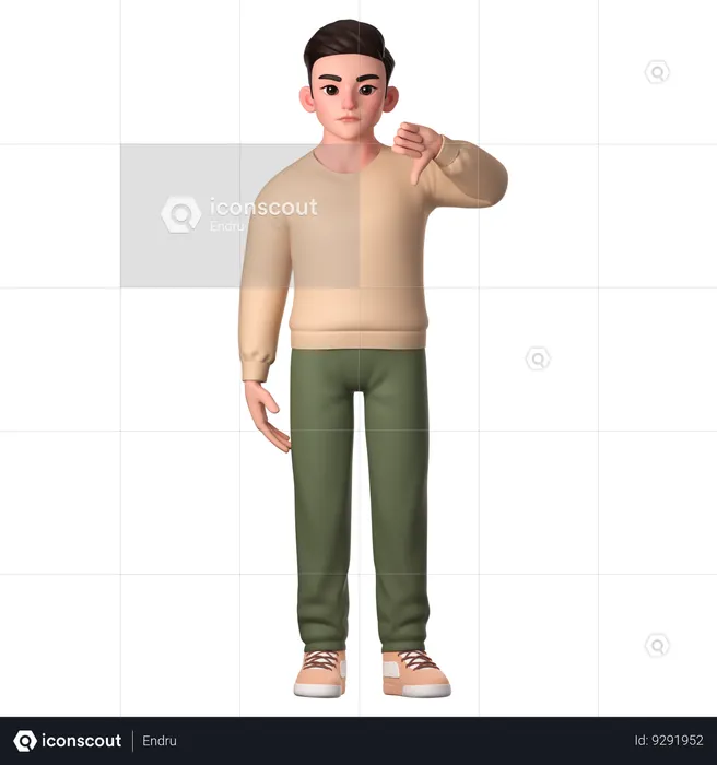 Young Man Showing Thumbs Down With His Left Hand  3D Illustration