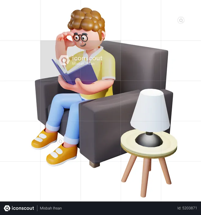 Young Man Sit On Sofa And Reading Book  3D Illustration