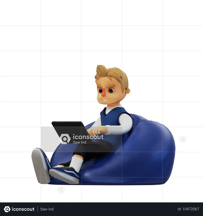 Young Man Sitting And Using Laptop  3D Illustration