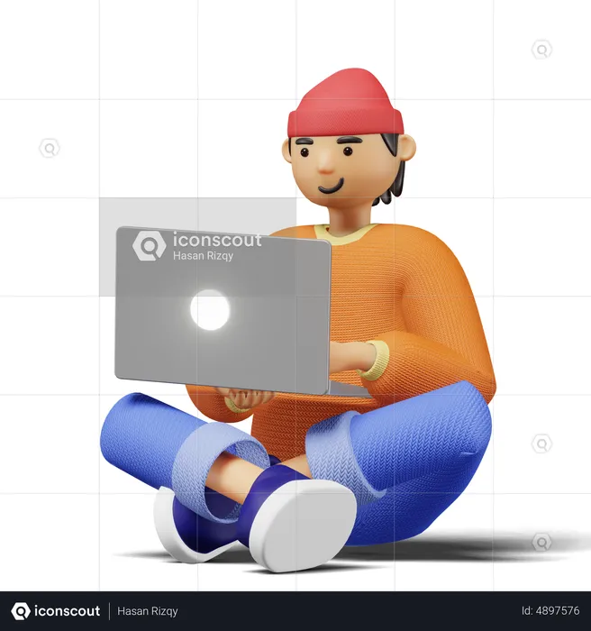 Young man Sitting and Using Laptop  3D Illustration