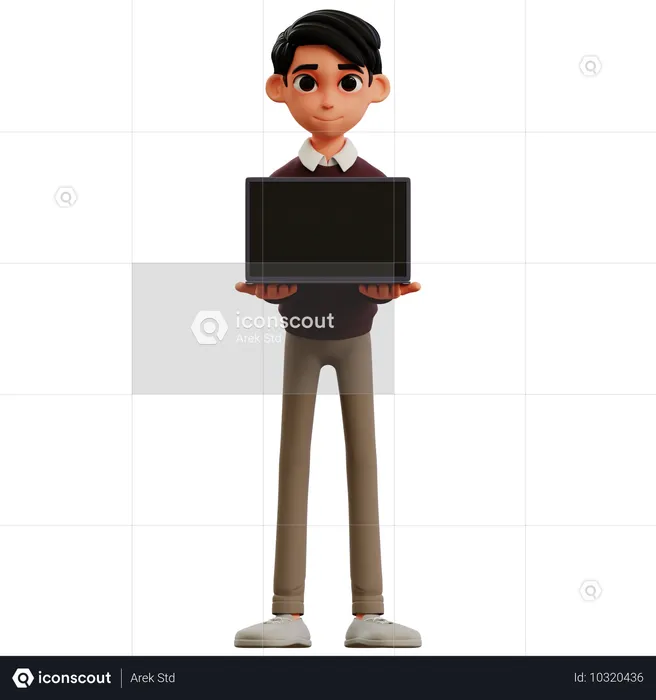 Young man standing with laptop  3D Icon