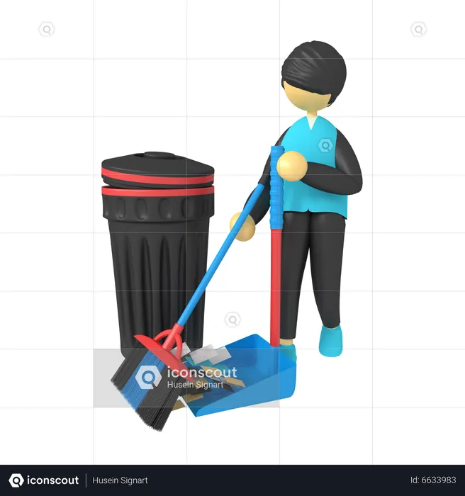 Young man sweep with palm brooms  3D Illustration