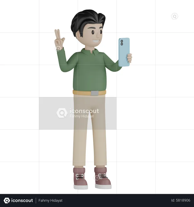 Young man taking selfie using mobile  3D Illustration