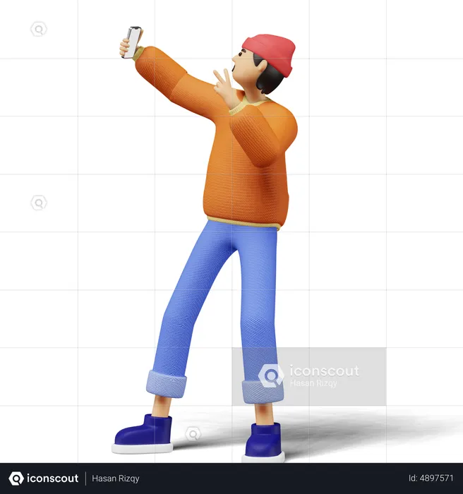 Young man taking selfie using phone  3D Illustration