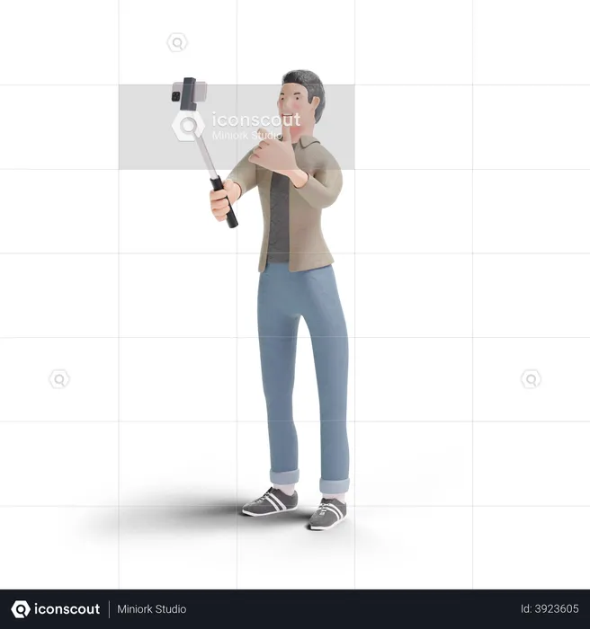 Young man taking selfie using selfie stick Logo 3D Logo