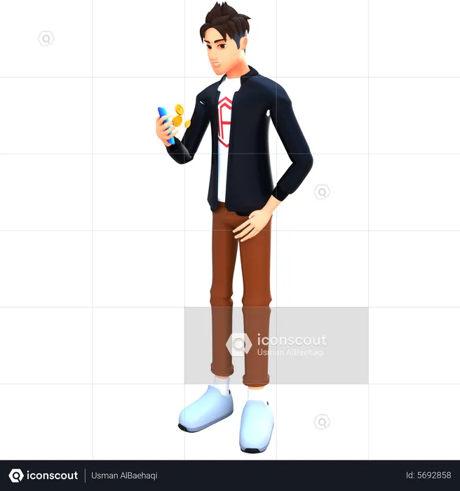 Young man use stock market app  3D Illustration