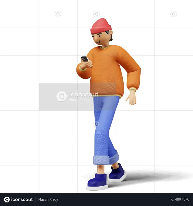 Young man using phone while walking  3D Illustration
