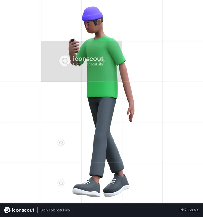 Young man walking while chatting on phone  3D Illustration