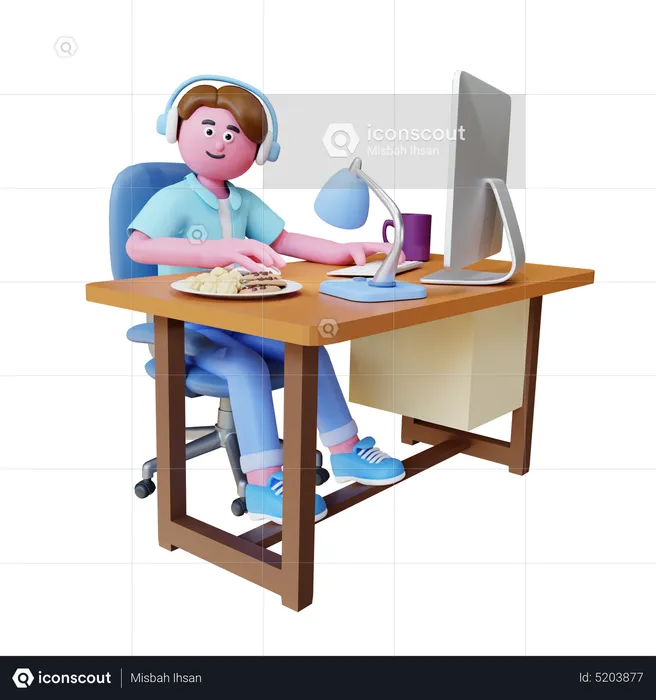 Young Man Work On Computer  3D Illustration