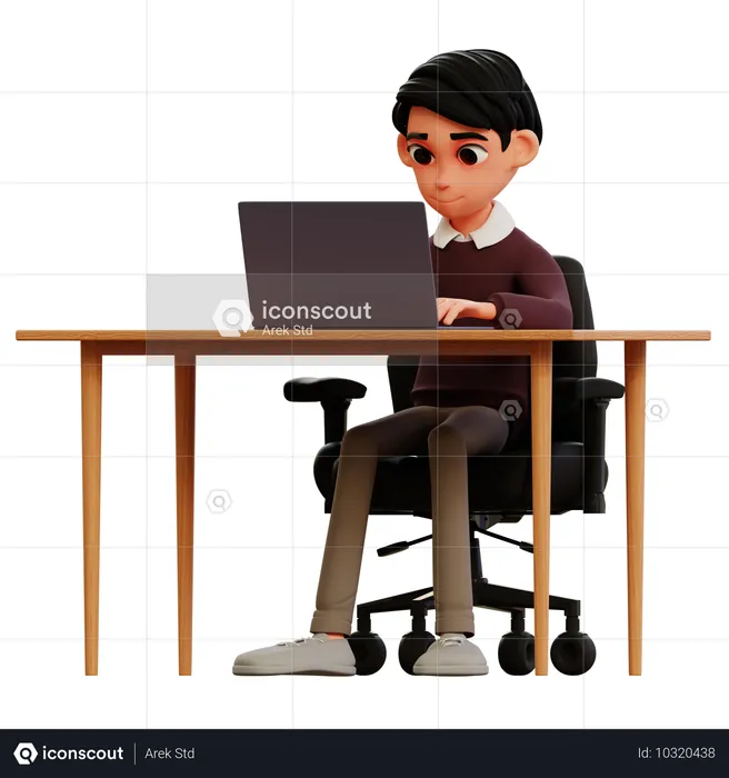 Young man working with laptop at office  3D Icon