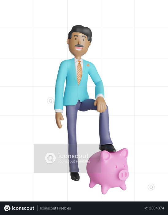 Young south Indian businessman with piggy bank 3D Illustration