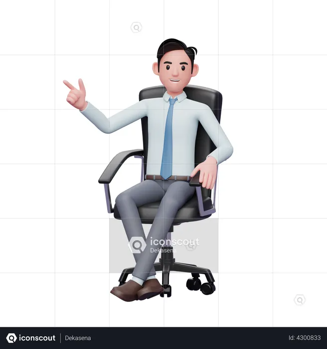 Young successful businessman sitting on a chair pointing up sideways  3D Illustration