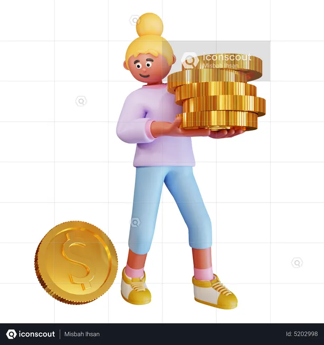 Young Woman Bring Dollar Coins  3D Illustration